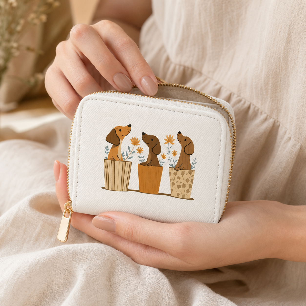 Billetera blanca con tres dachshunds en macetas cottagecore