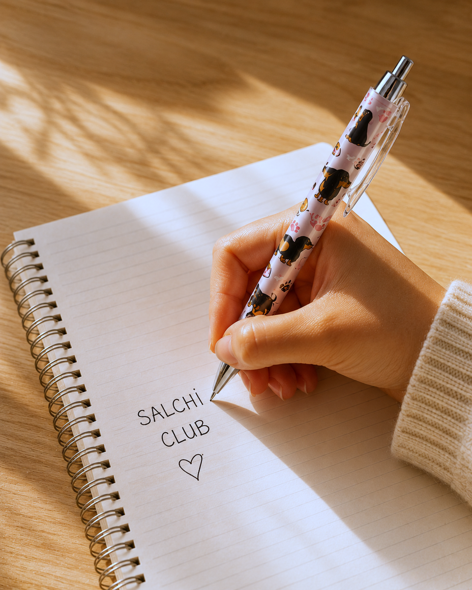 Bolígrafo Salchi Club escribiendo en un cuaderno — cositas de perro salchicha