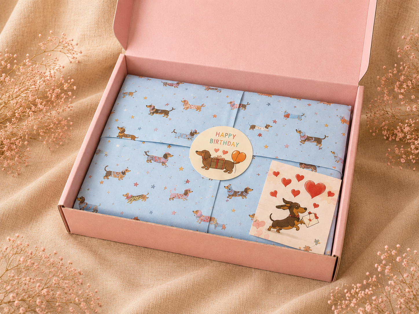 Caja Edición N°01 abierta con tarjeta personalizada y contenido sobre superficie de lino crema — caja sorpresa inspirada en perros salchicha