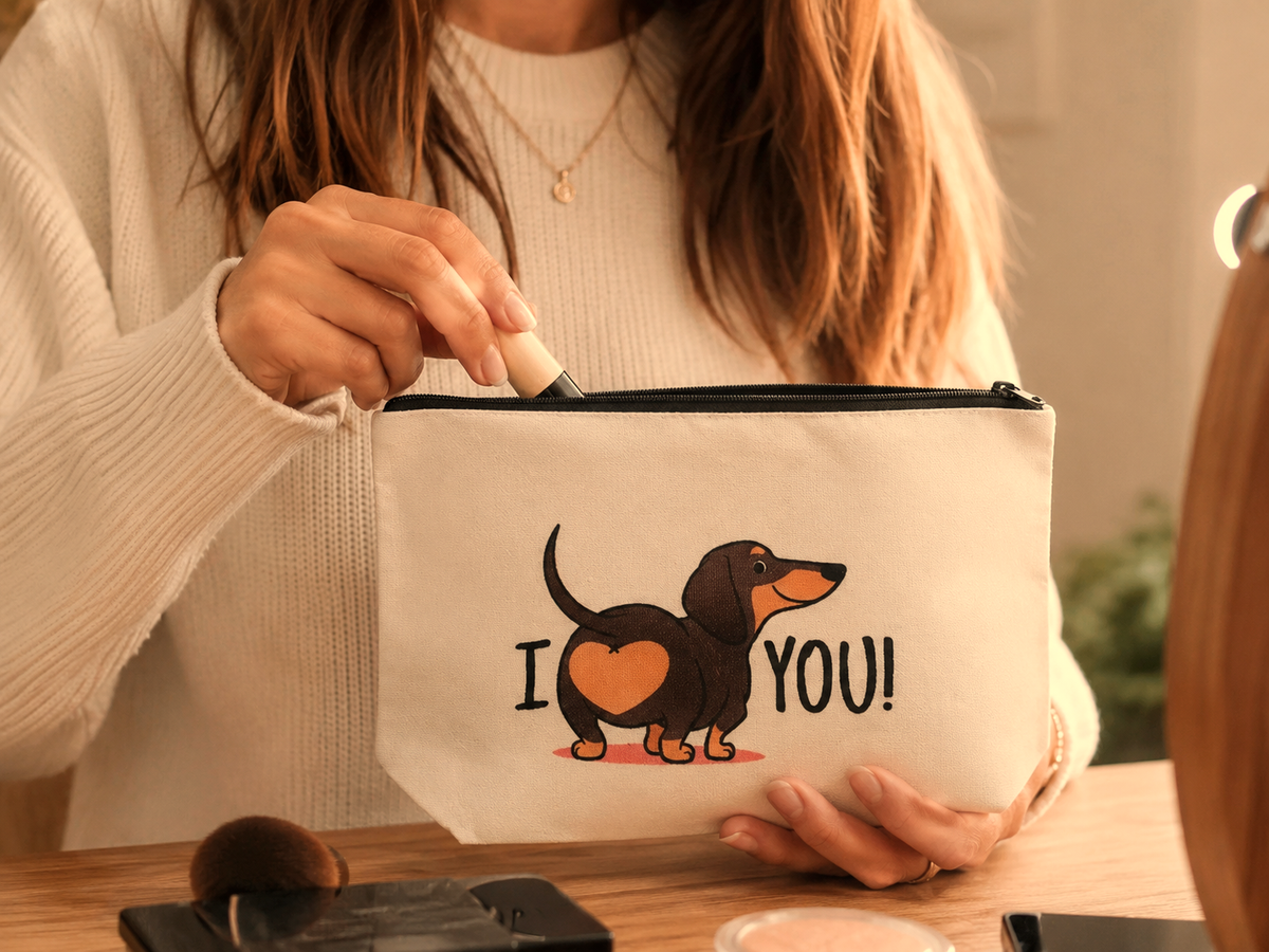 Cosmetiquero de lino con dachshund e I love you sostenido en la mano — accesorio para amantes del perro salchicha