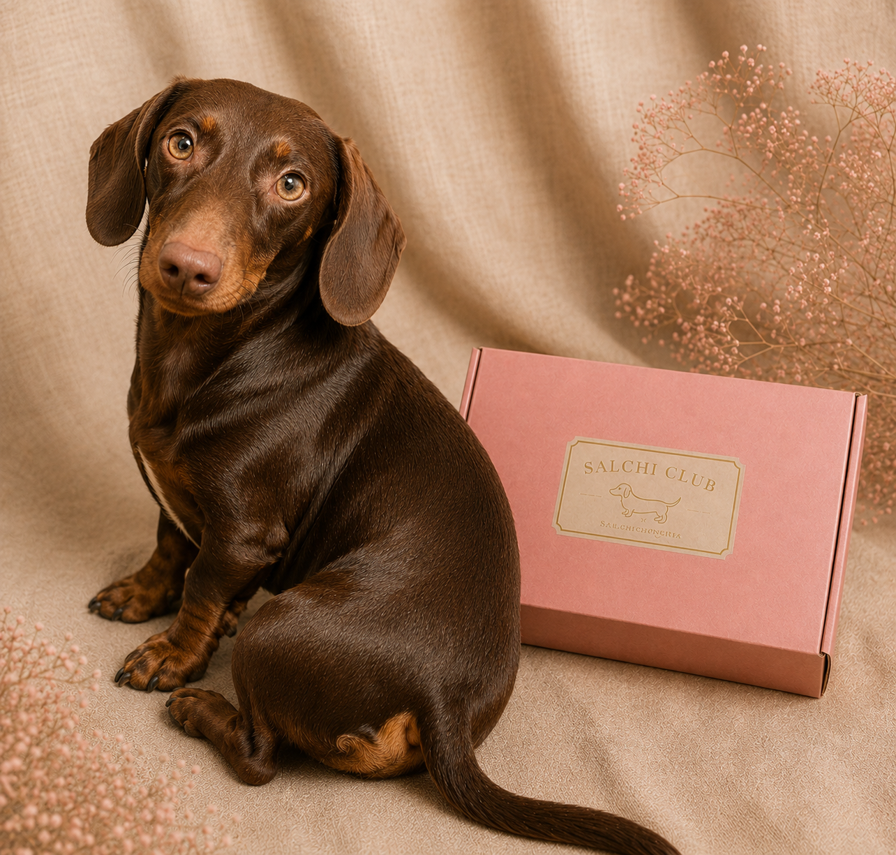 Canelo, perro salchicha, junto a la caja Edición N°01 de Salchi Club — regalo para amantes del perro salchicha