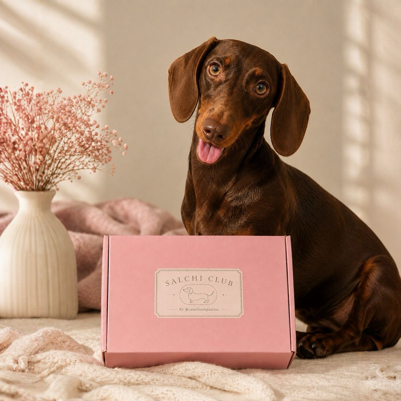 Canelo, perro salchicha, junto a la caja Edición N°01 de Salchi Club — regalo para amantes del perro salchicha