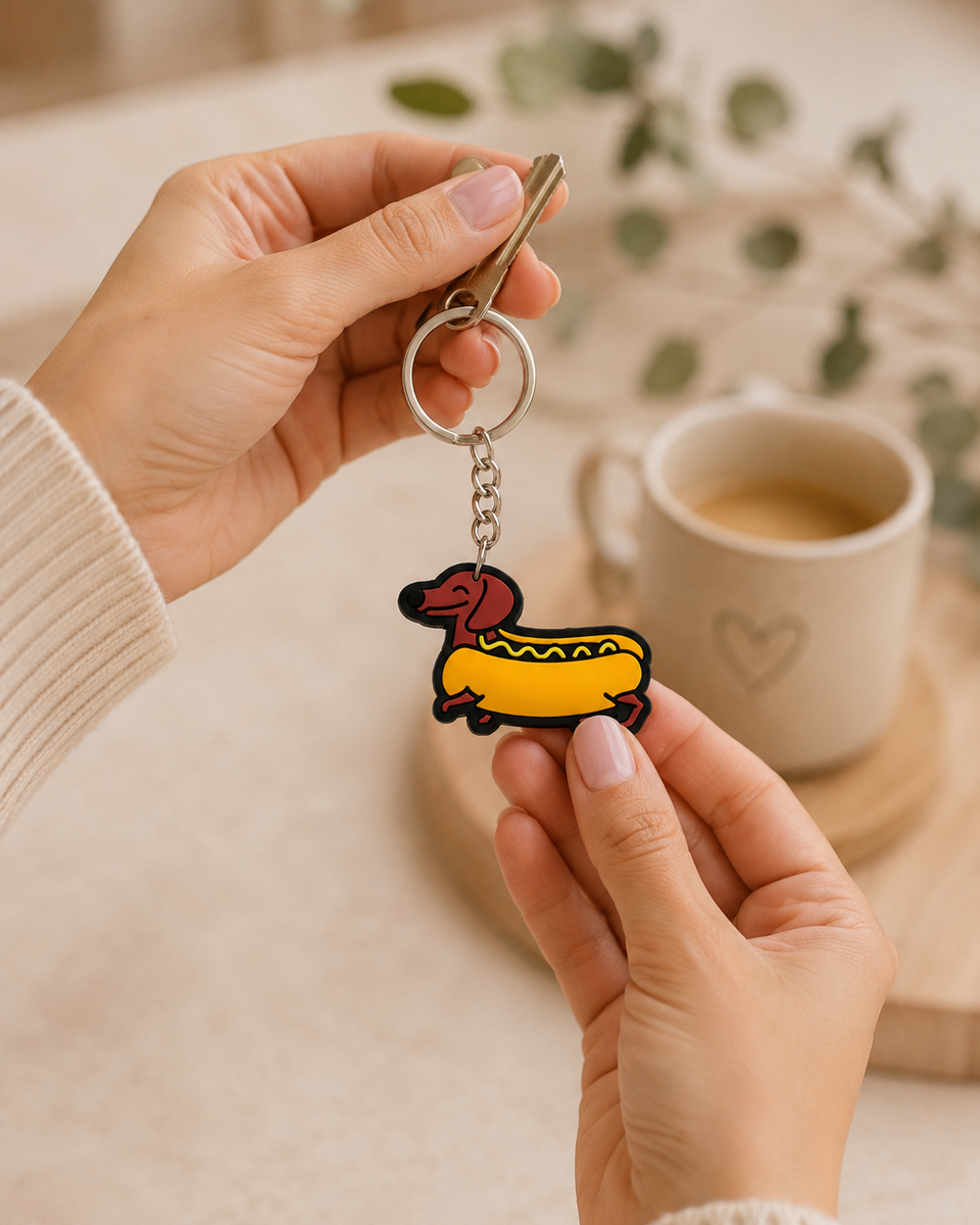 Llavero dachshund colgando junto a un juego de llaves — cositas de perro salchicha