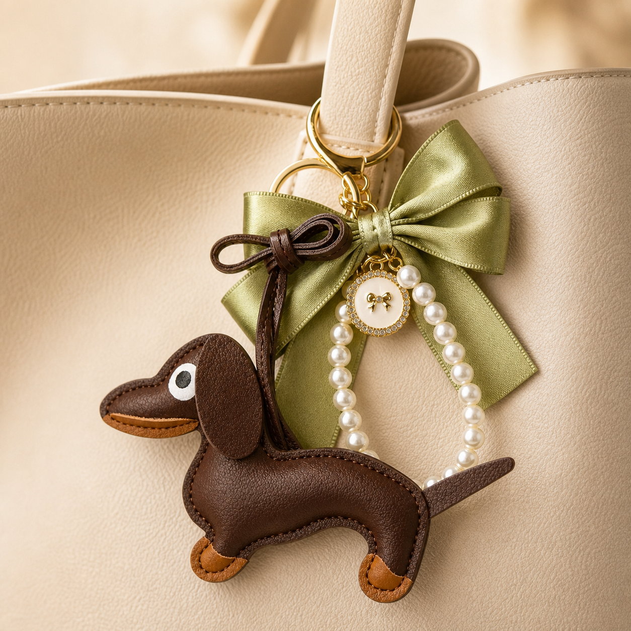 Llavero cuero dachshund con lazo verde y perlas — accesorio de perro salchicha