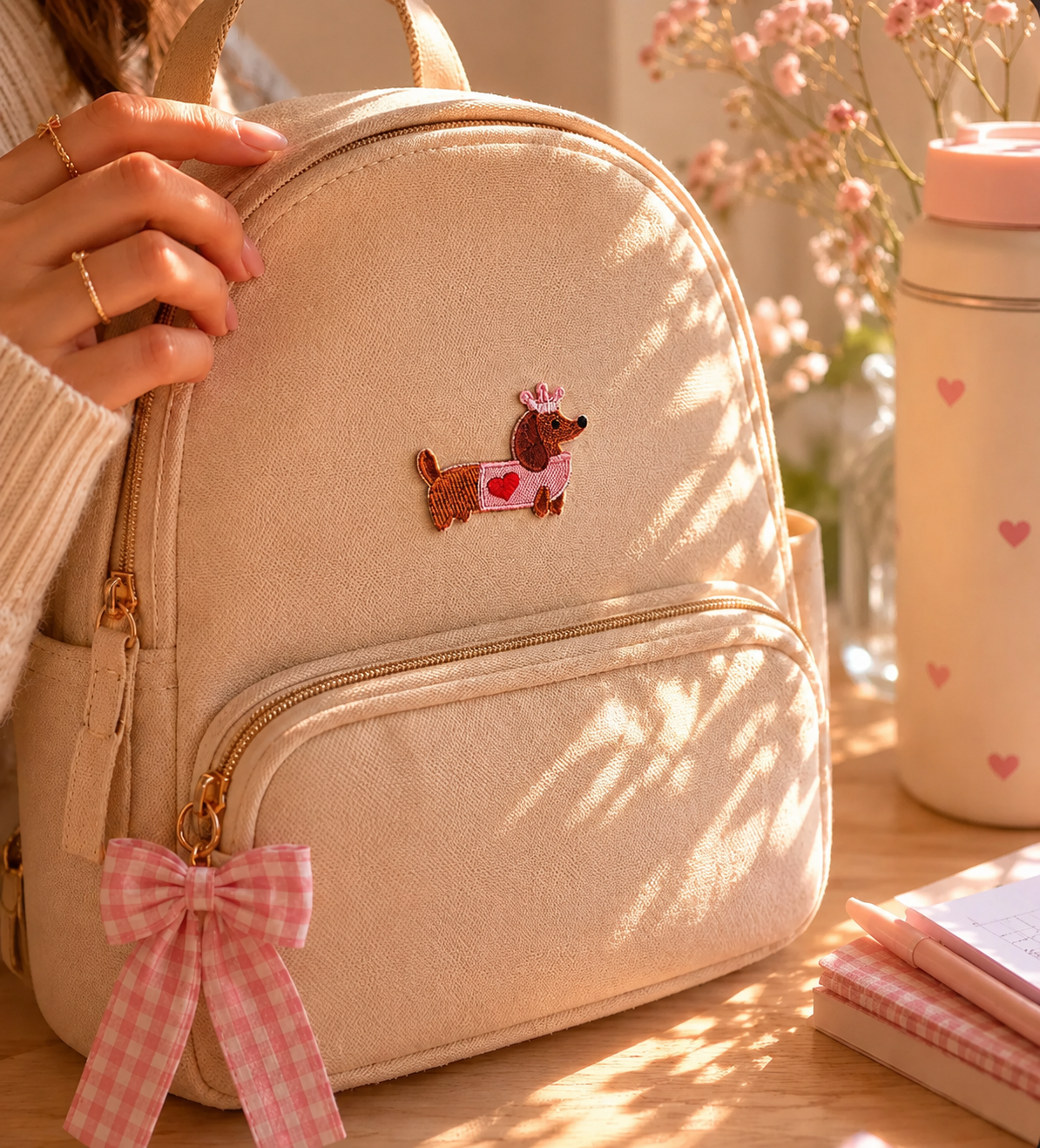 Mochila de lino beige con parche bordado de dachshund princesa rosada y lazo gingham