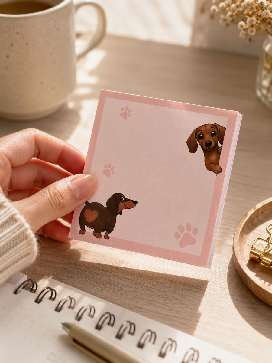 Taco de notas post-it rosado con dachshunds y huellas, sostenido en la mano
