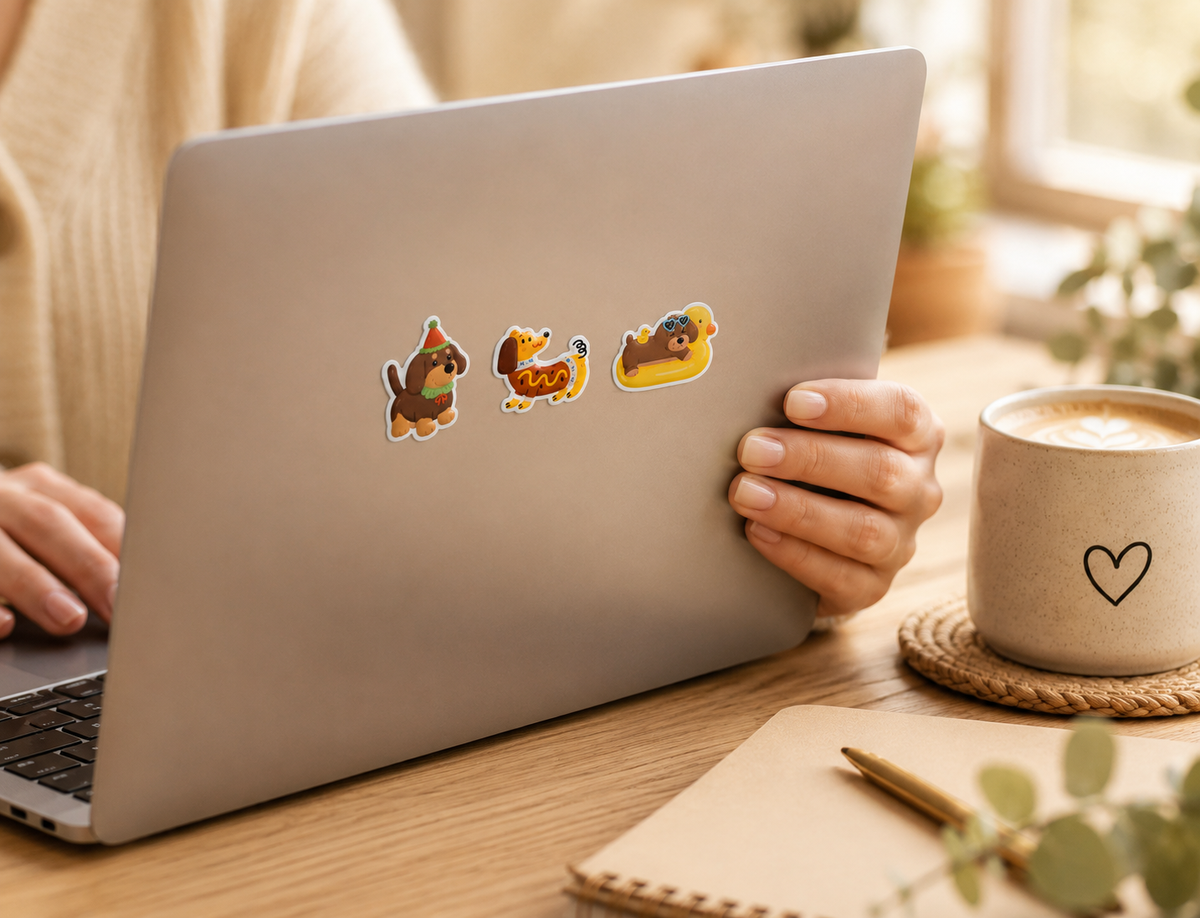 Stickers dachshund pegados en un laptop — cositas de perro salchicha