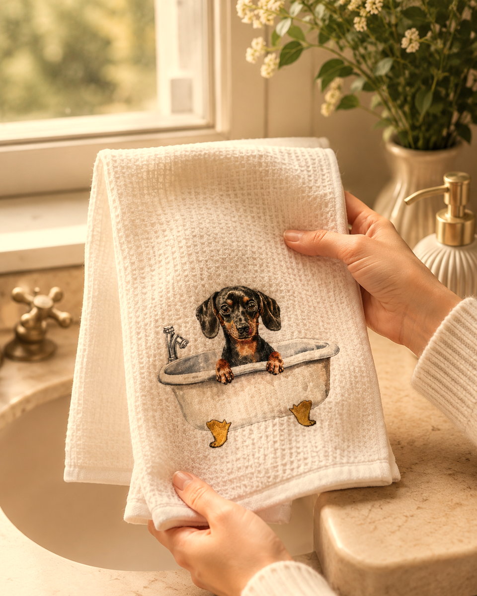 Toalla de mano con dachshund en una tina — accesorio para amantes del perro salchicha